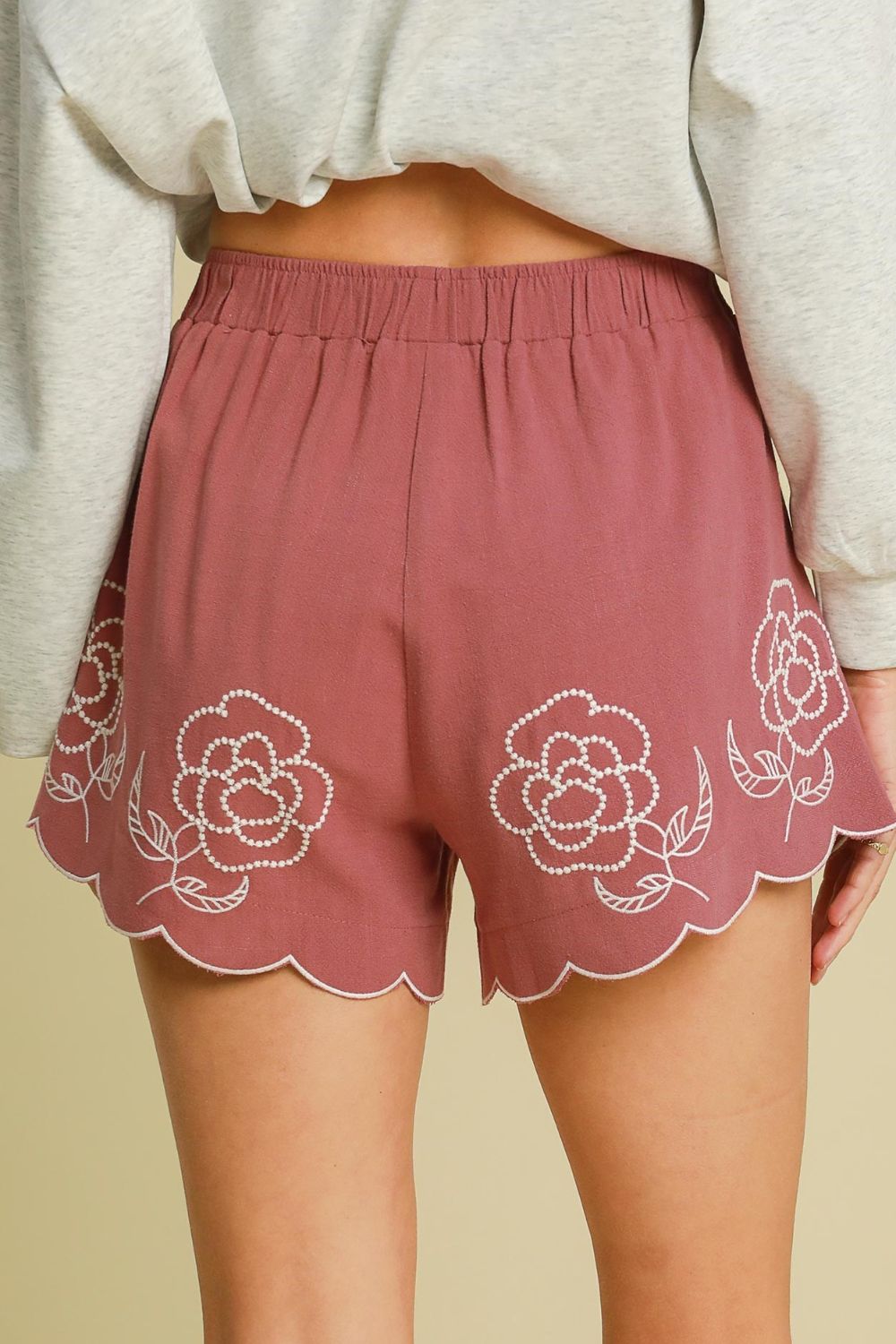 Umgee Linen Blend Shorts with Floral Embroidered Details Dusty Pink 2f35c399-800d-49c9-9b59-81644c8a739a-Max Trendsi
