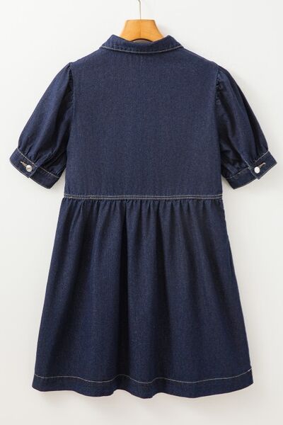 Denim Shirt Dress Collared Neck Half Zip Short Puff Sleeve Ruffled 2f3d2af8-edd9-468a-b9bc-79f6b678b965-Min Trendsi