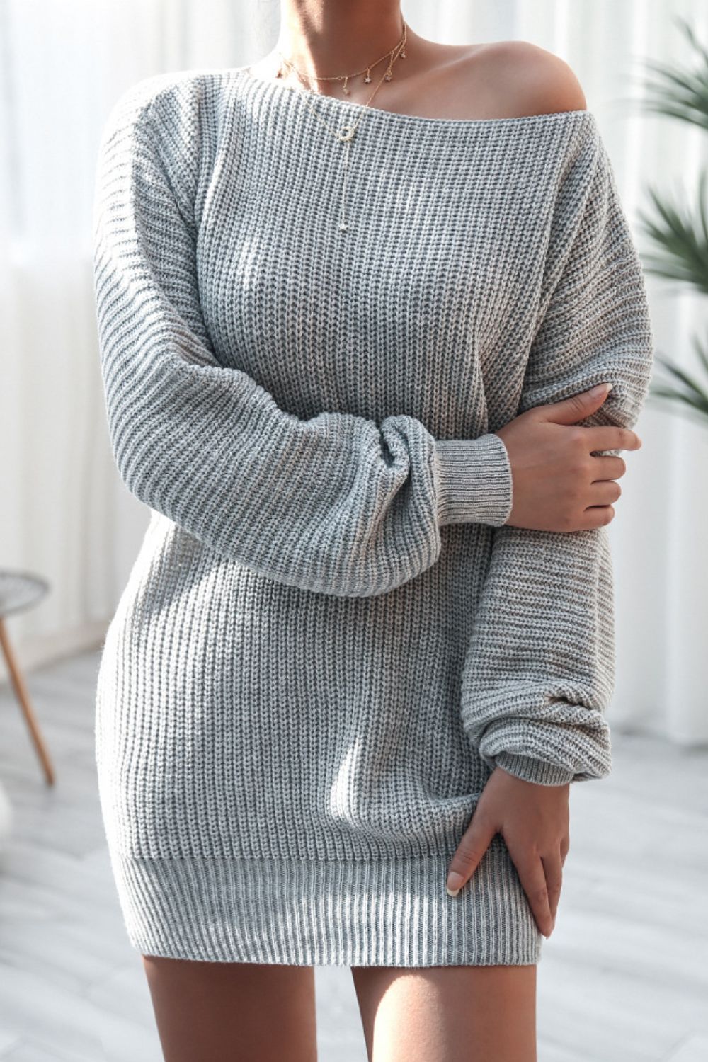 Mini Sweater Dress Boat Neck Long Sleeve Soft Acrylic Knit Basic Solid Style Gray 2f493fbb-1703-4734-8ed3-cec4f4dc84e5-Max Trendsi