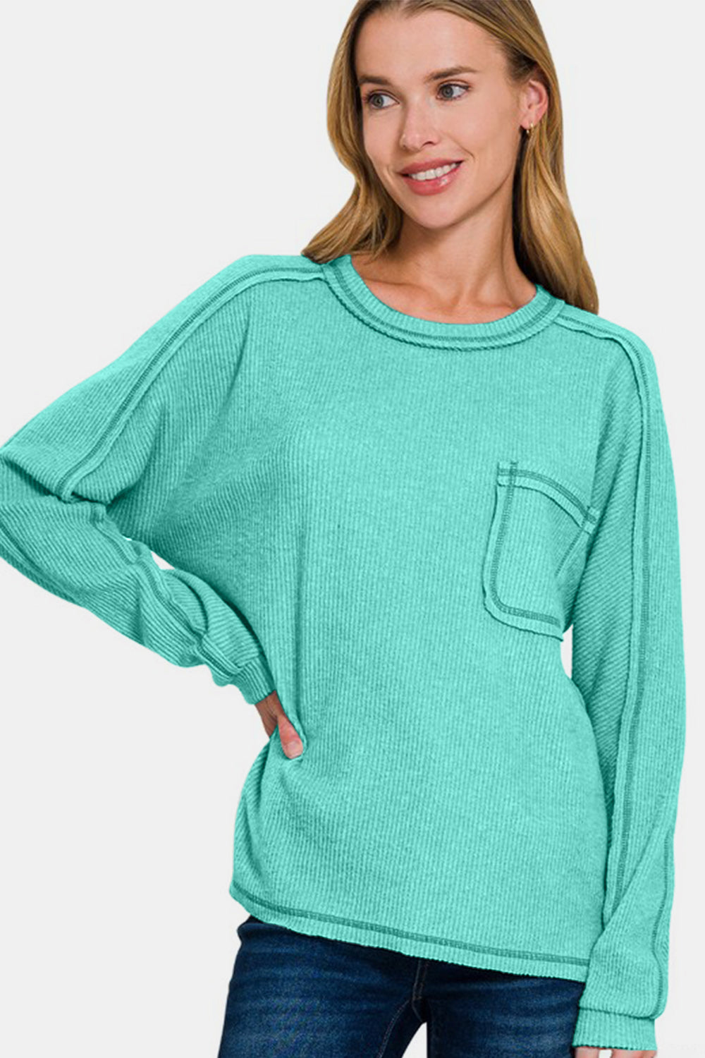 Zenana Knit Top Turquoise Contrast Stitching Brushed Ribbed Hacci Plus Size 2f4b283b-58e1-4c32-bd48-934c90eed4de-Max Trendsi