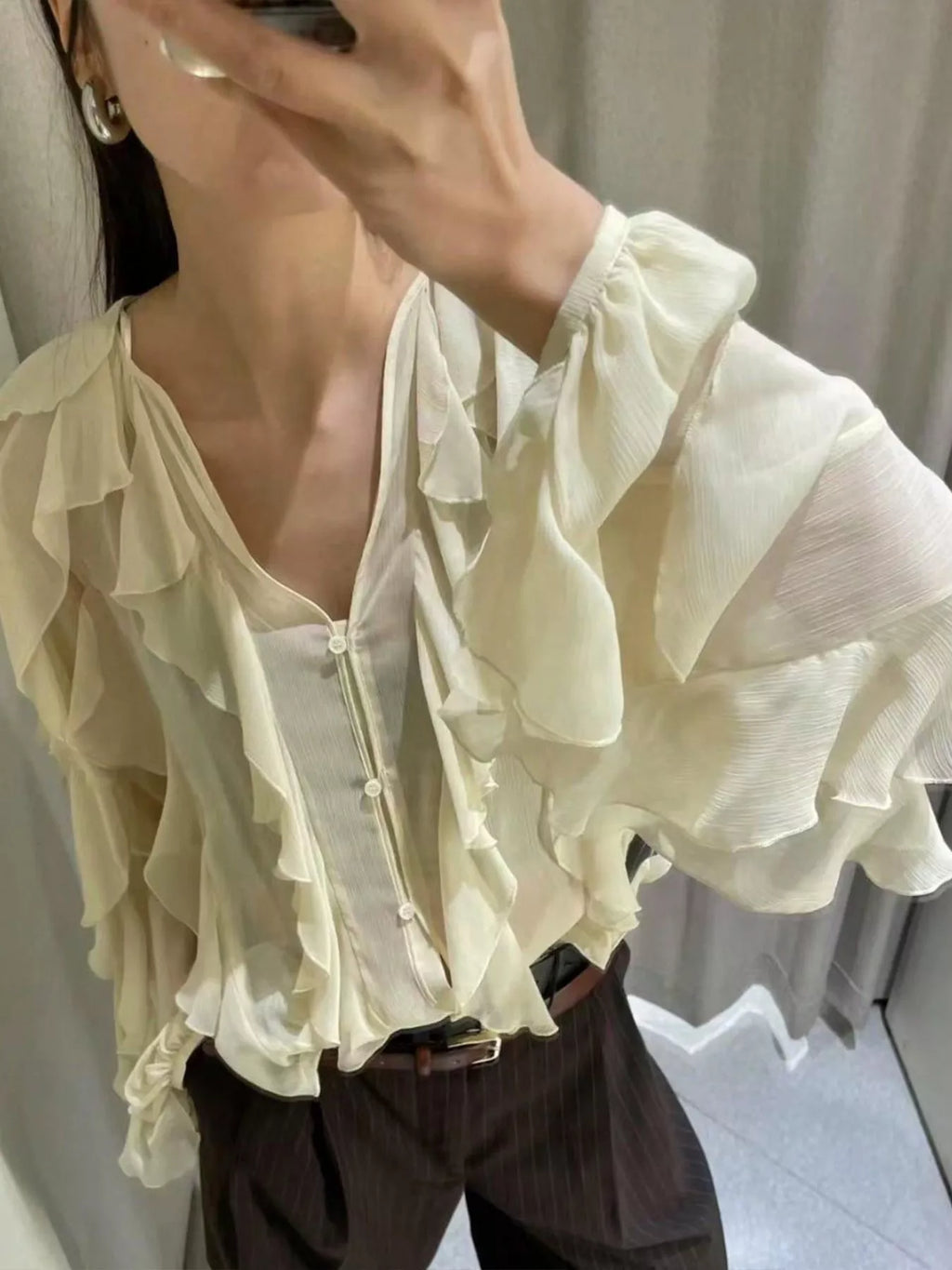 Womens Blouse Ruffled Layered Sheer Long Sleeve Top Yellow 2f52a83b-559d-4980-ab08-7bd3b90a408c-Max-Origin Trendsi