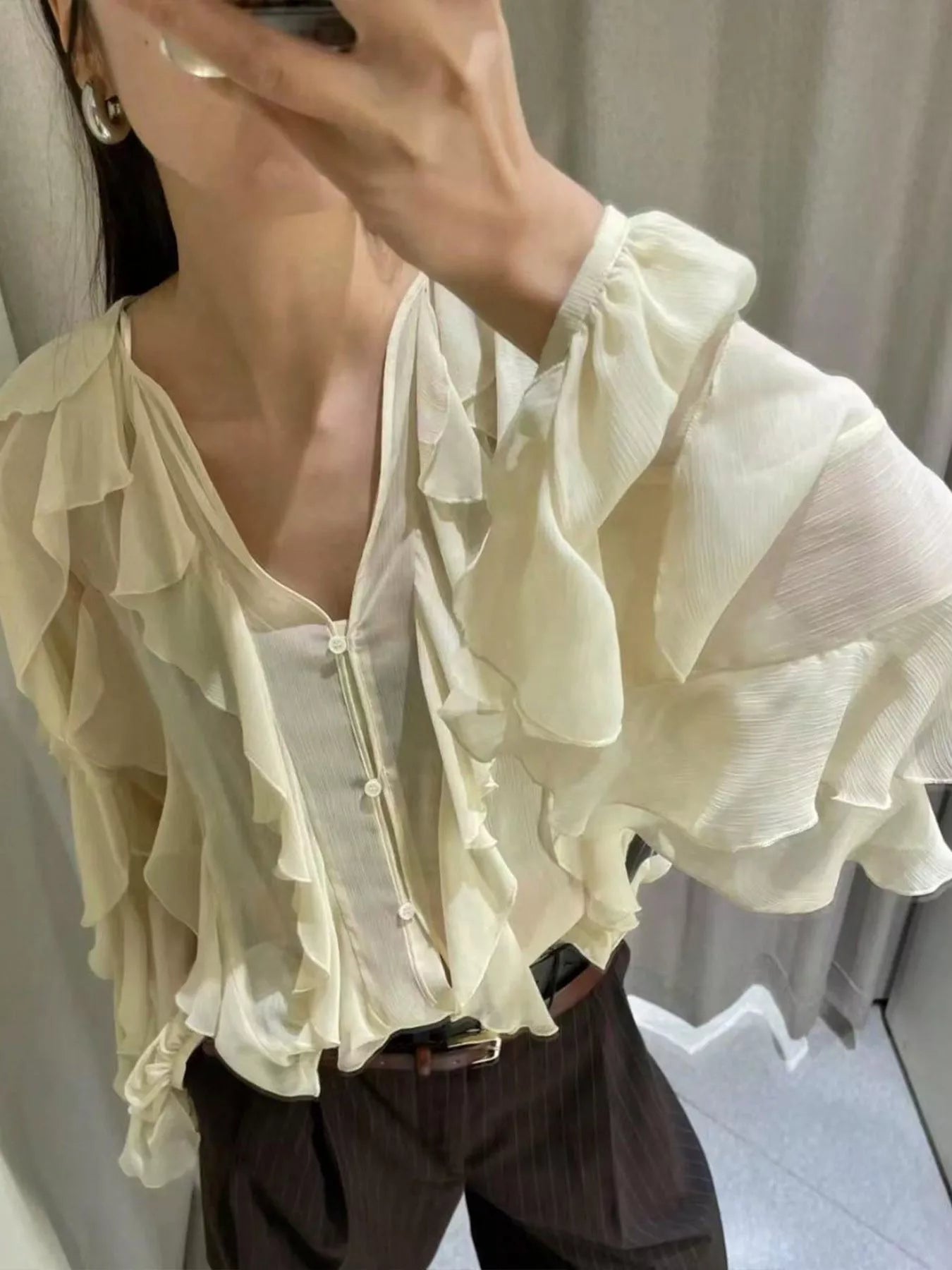 Womens Blouse Ruffled Layered Sheer Long Sleeve Top Yellow 2f52a83b-559d-4980-ab08-7bd3b90a408c-Max-Origin Trendsi
