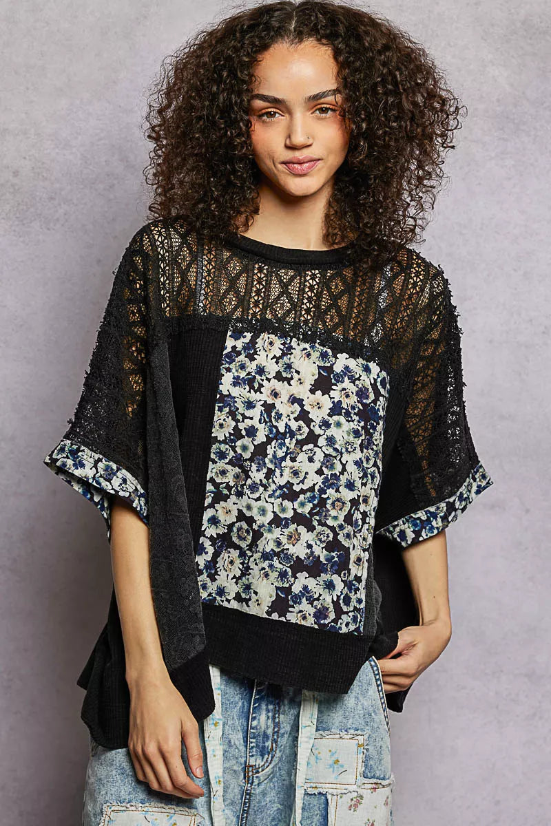 POL Blouse Black Floral Patchwork Lace Accent Short Sleeve Top 2f537f82-64f2-4ae0-8f5e-eac4c396d01a-Max-Origin Trendsi