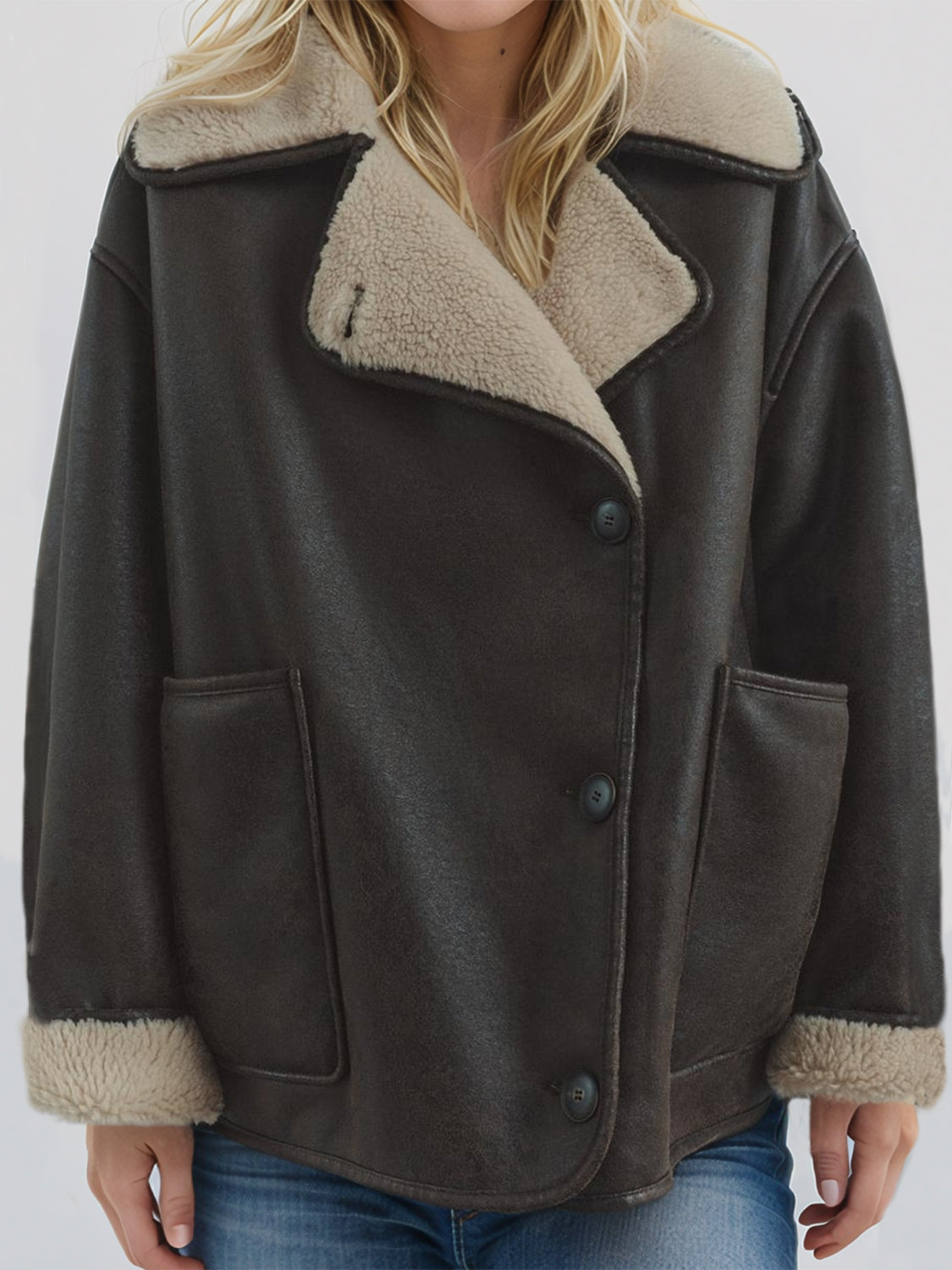 Women Suede Jacket Collared Neck Long Sleeve Plush Lined Chocolate Coat