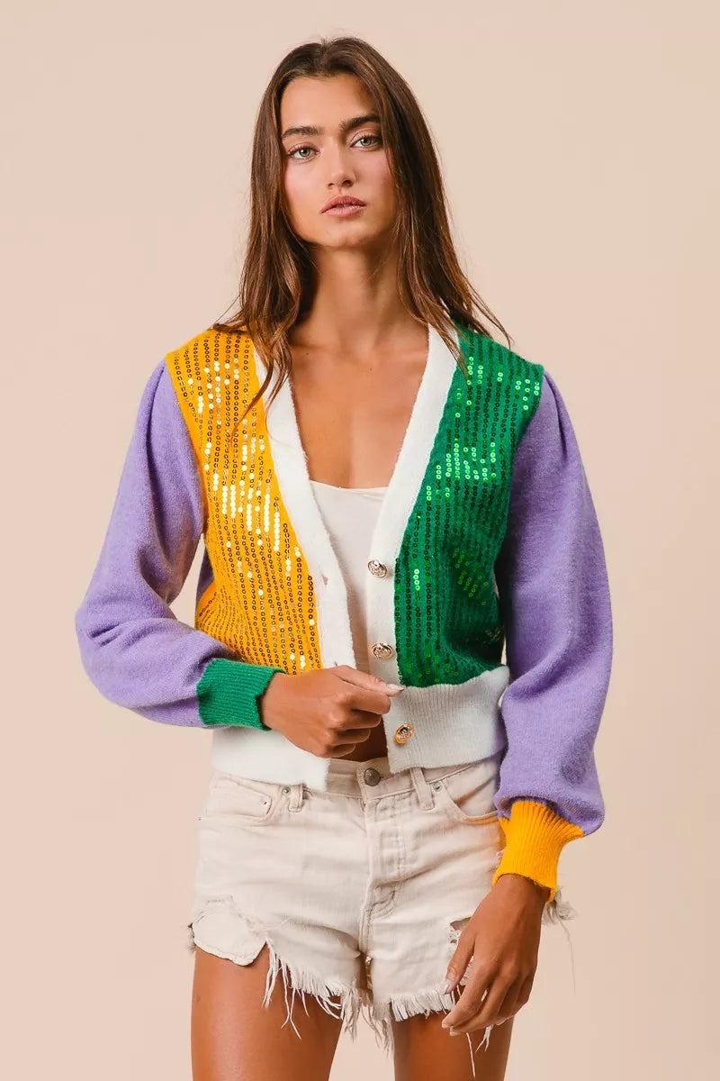 BiBi Sequin Sweater Cardigan Mardi Gras Color Block Buttoned Long Sleeve MUSTARD GREEN PURPLE 2f5baebce8574b43a0f70fd90f0281ec-Max-Origin Trendsi