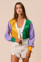 BiBi Sequin Sweater Cardigan Mardi Gras Color Block Buttoned Long Sleeve MUSTARD GREEN PURPLE 2f5baebce8574b43a0f70fd90f0281ec-Max-Origin Trendsi