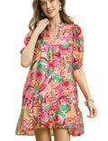 Umgee Abstract Print V-Neck Baby Doll Dress
