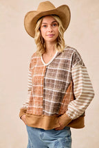 BiBi Womens Blouse Plaid And Stripe Mix And Match Top With Open Seam 2f6a3e3e18844fc482a71227e9ac7dd3-Max-Origin Trendsi