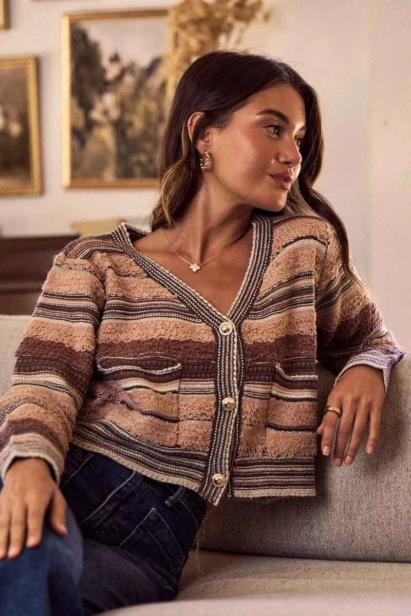 SO ME Women Cardigan Brown Textured Variegated Multi Color Sweater 2f74a25457ee4af18373eb6044401326-Max-Origin Trendsi