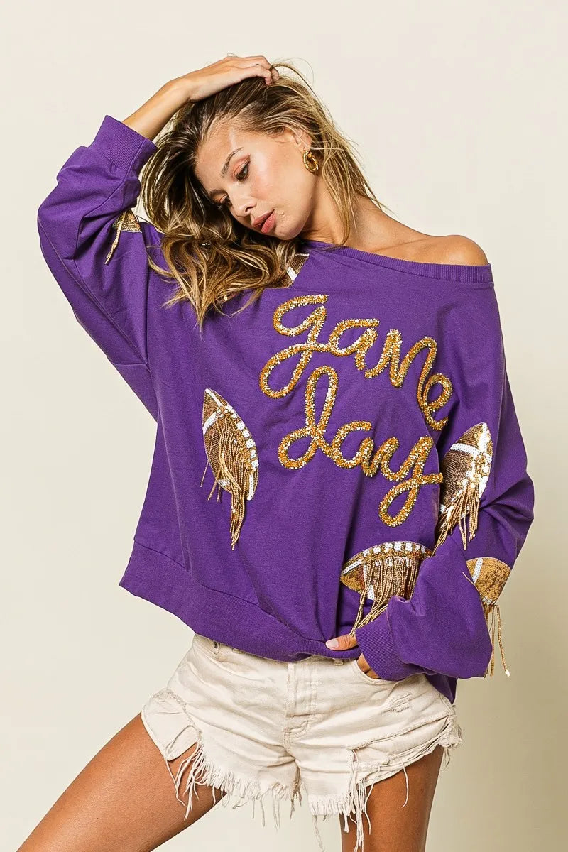 BiBi Womens Sweatshirt Sequin Football Patches Game Day Purple Top 2f77936b98b04cdeb5cbb35ef0eeec3c-Max-Origin Trendsi