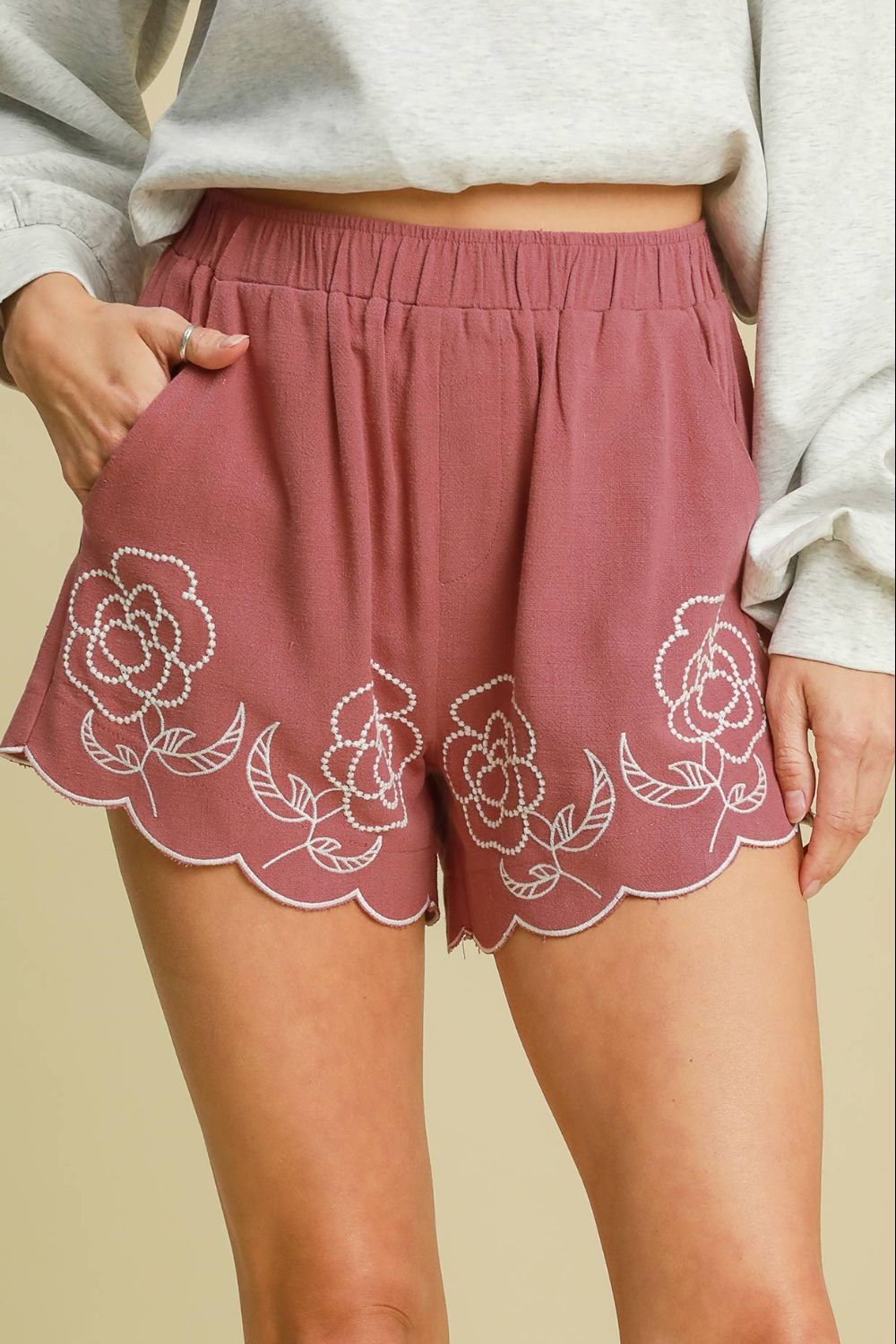 Umgee Linen Blend Shorts with Floral Embroidered Details Dusty Pink Dusty Pink 2f78d24a-0dbe-4011-adf4-6db21a924073-Max Trendsi