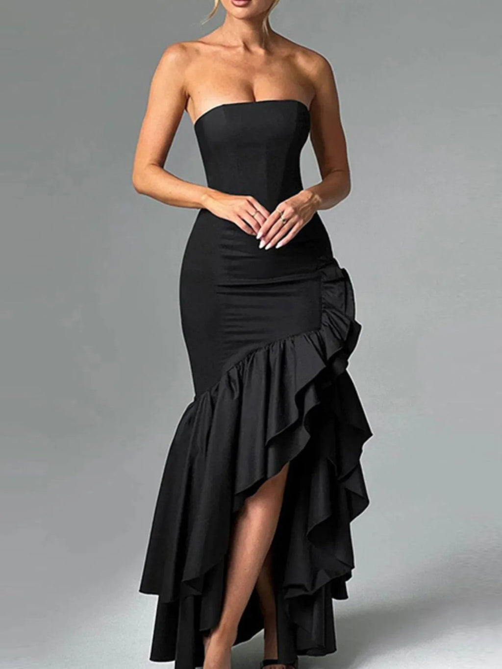 Bodycon Dress Strapless Ruffle Split High-Low Tiered Party Dresses Black 2f79d344-c3ae-44d5-a2c2-1002427a8d72-Max-Origin Trendsi
