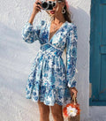 Full Size Floral Print V-Neck Long Sleeve Ruffle Hem Mini Dress Plus Size