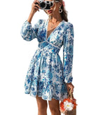Full Size Floral Print V-Neck Long Sleeve Ruffle Hem Mini Dress Plus Size