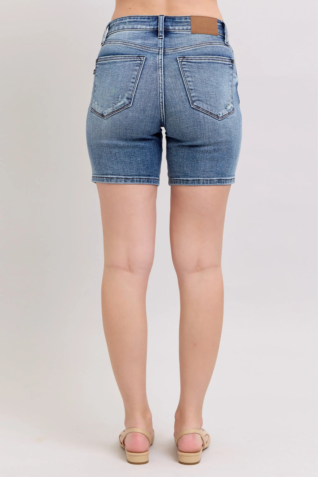 Judy Blue Denim Shorts Women's Button Fly Mid Length with Destroy Hem 2f7b22eb1b334e5685a88ae74d23fc25-Max-Origin Trendsi