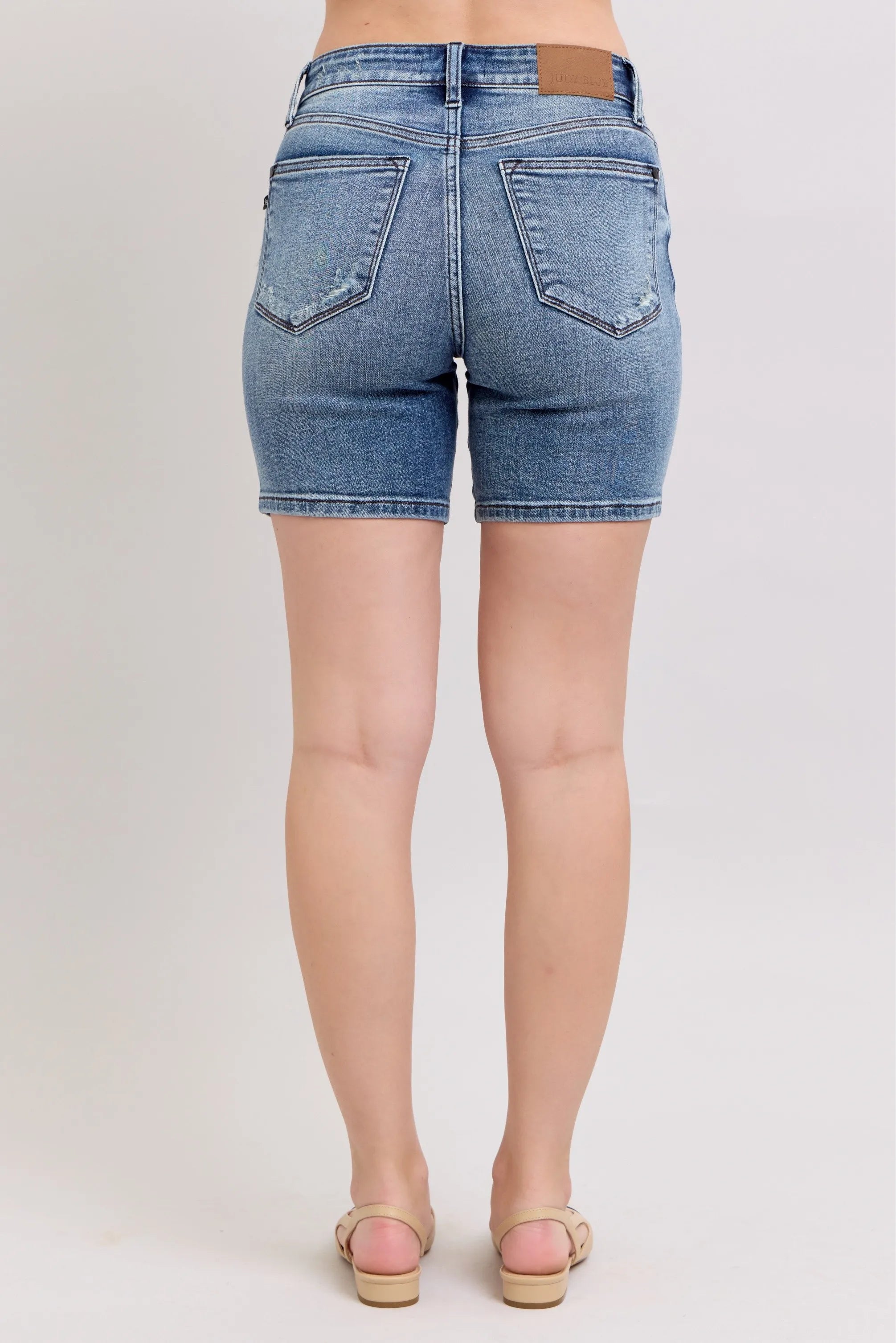 Judy Blue Denim Shorts Women's Button Fly Mid Length with Destroy Hem 2f7b22eb1b334e5685a88ae74d23fc25-Max-Origin Trendsi