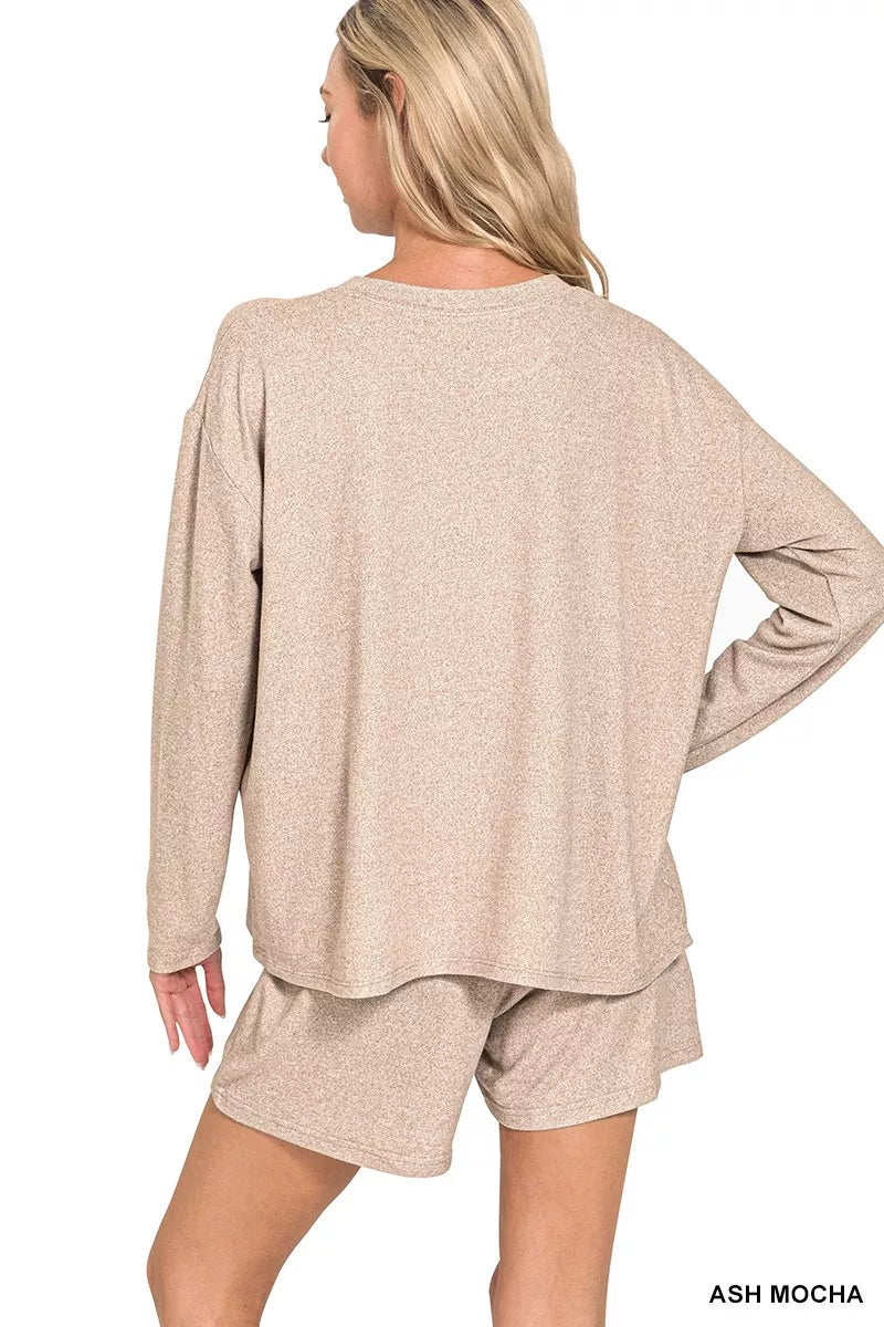 Zenana Womens Set Mocha Soft Melange Long Sleeve Top Tee and Shorts 2f7db9bc47014245a317299ac175eafc-Max-Origin Trendsi