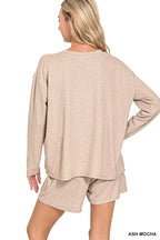 Zenana Womens Set Mocha Soft Melange Long Sleeve Top Tee and Shorts 2f7db9bc47014245a317299ac175eafc-Max-Origin Trendsi