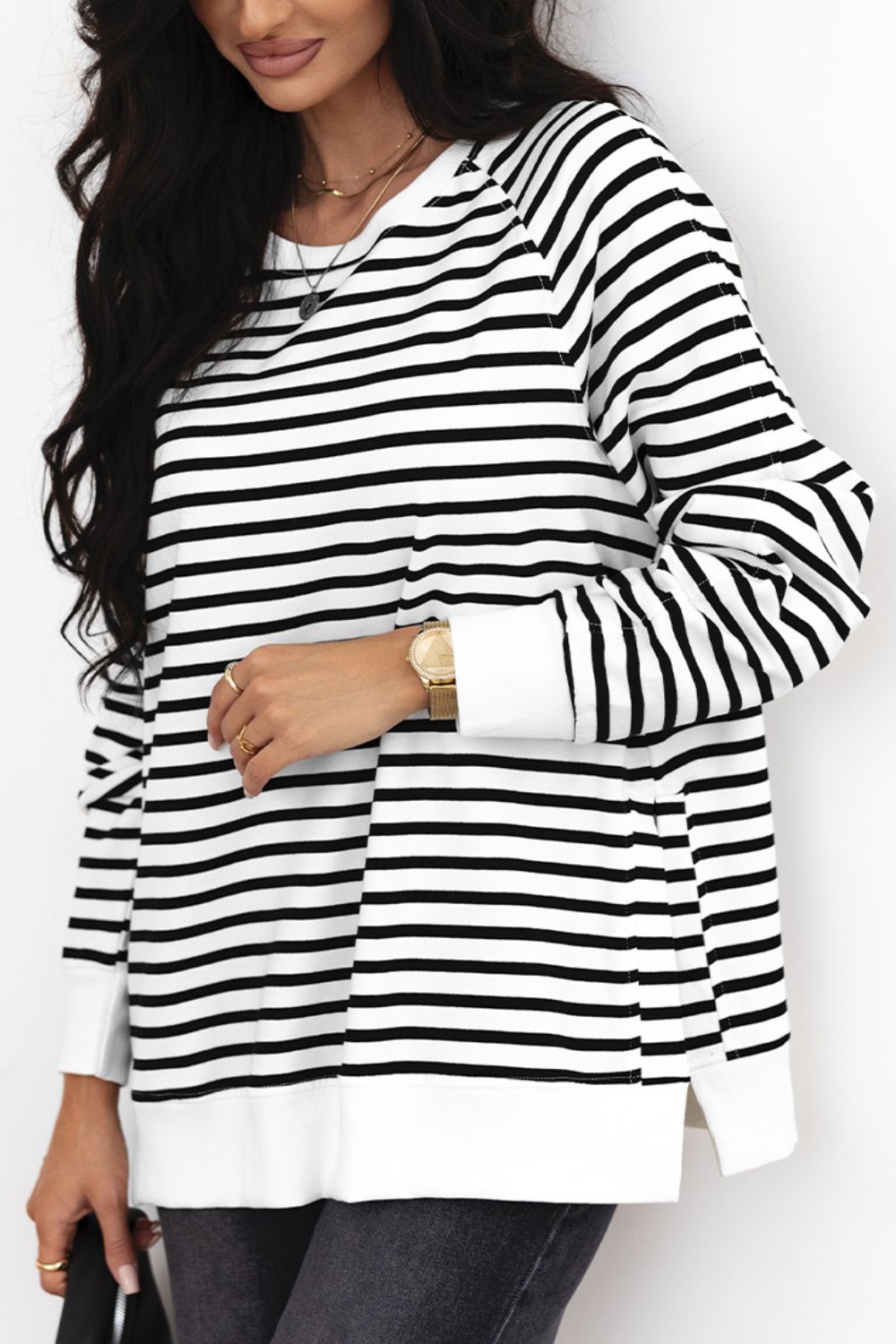 Striped Women Sweatshirt Cotton Side Slit Raglan Long Sleeve Oversized