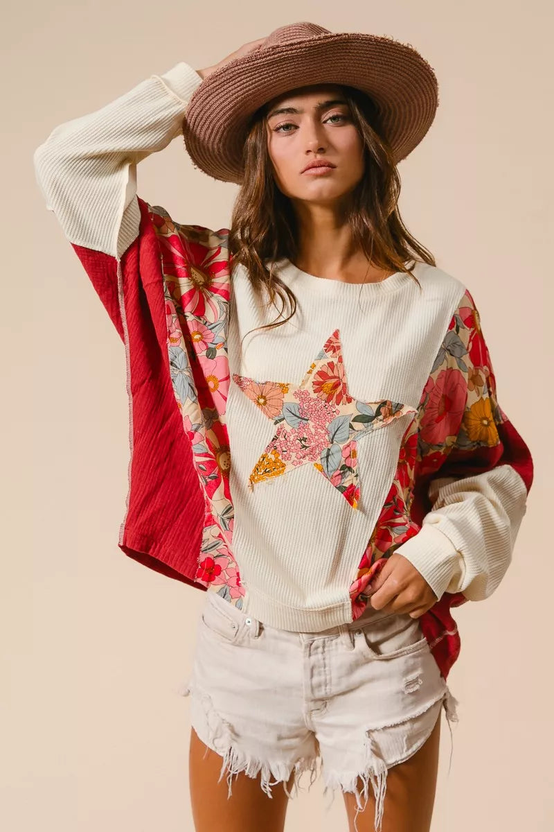 BiBi Sweatshirt Floral Print Mixed Star Patch Round Neck Top 2f86c735cb3a4b53ad13e48edfda6cae-Max-Origin Trendsi