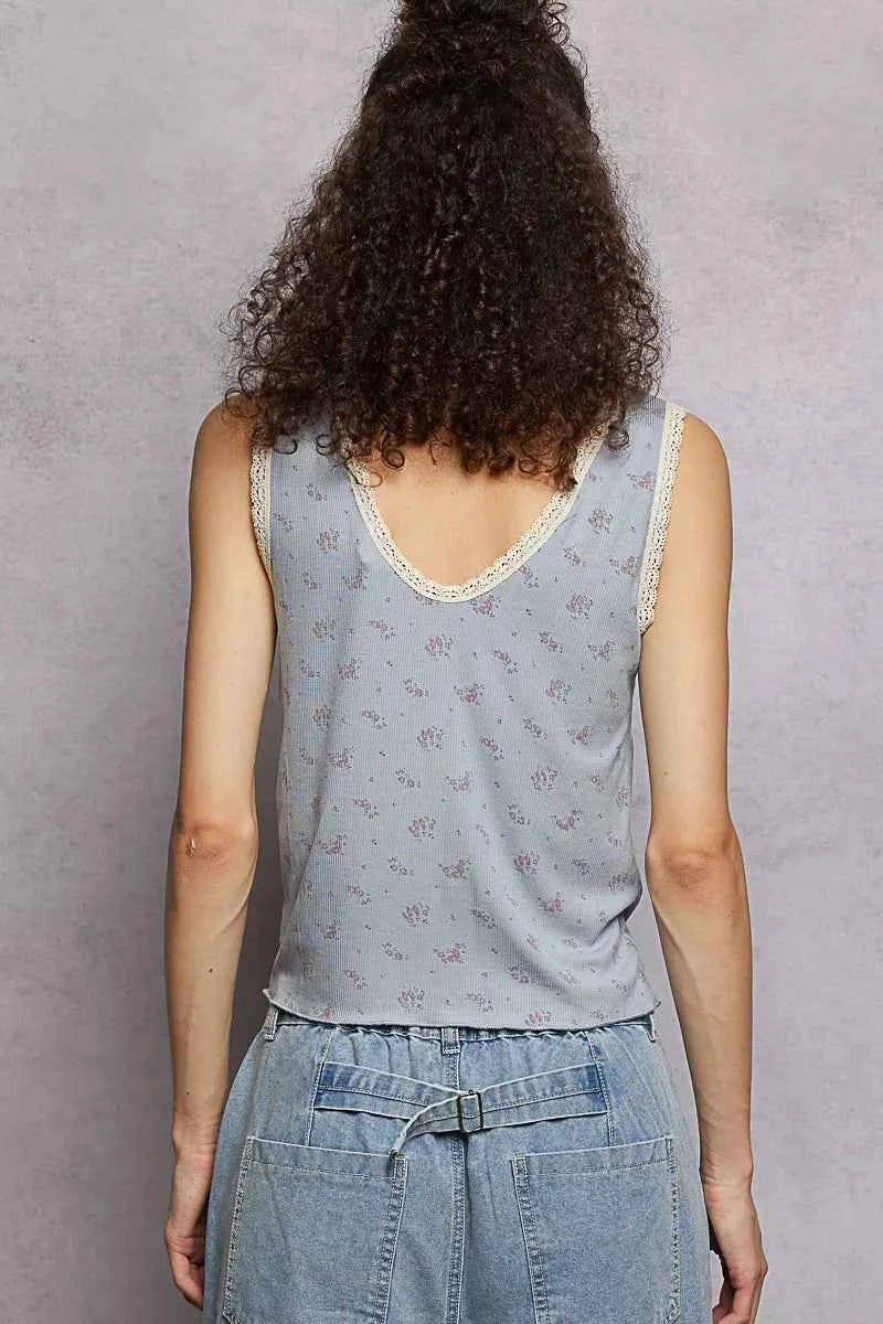 POL Tank Top Ruched Powder Blue Floral V-Neck with Lace Detail 2f8b2978-2877-49ff-8c25-95469422c468-Max-Origin Trendsi