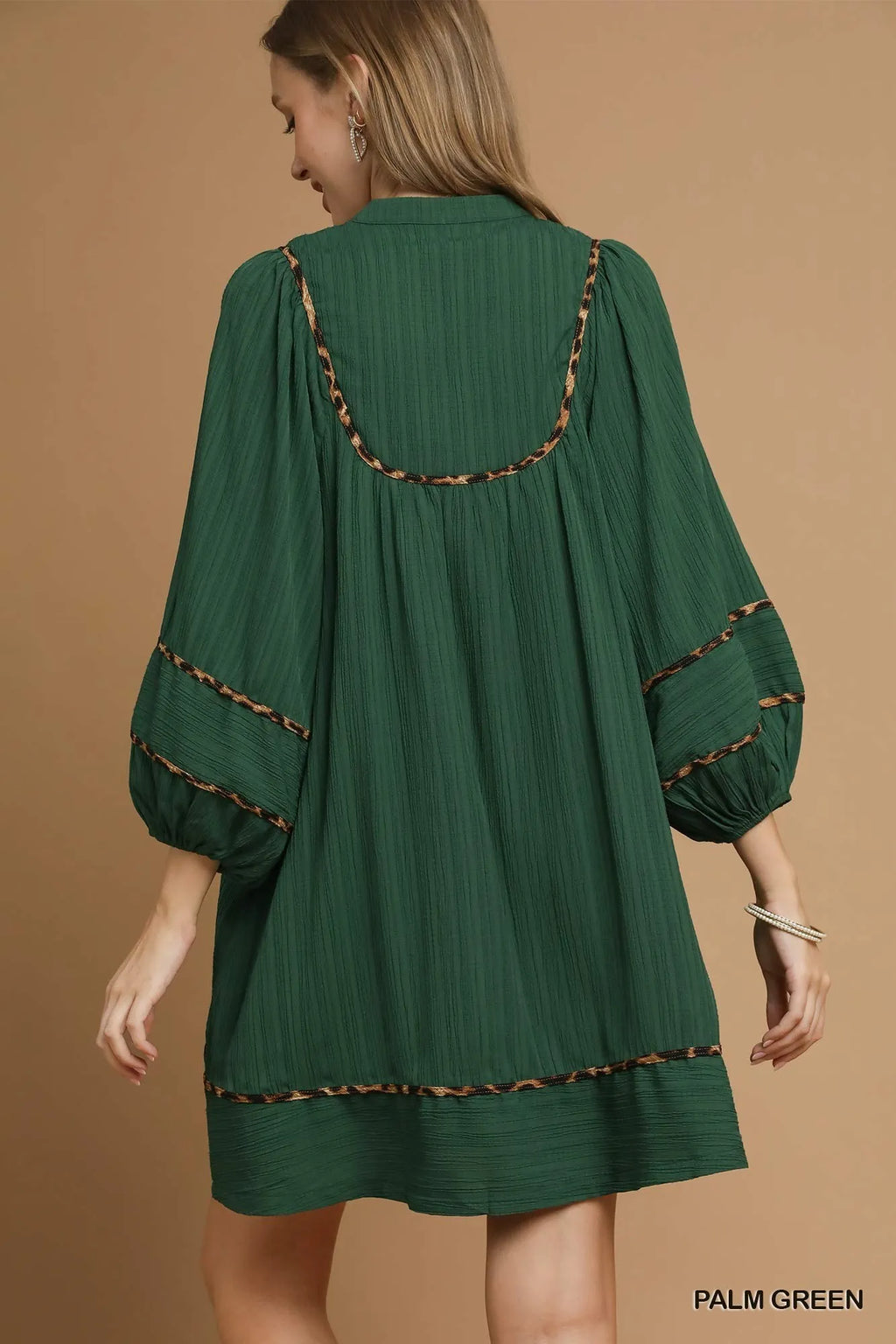 Umgee Babydoll Dress Green Textured Contrast with Leopard Trim Long Sleeve 2f8cfe1f-f643-4fc1-bd0d-ad716d8acf4f-Max-Origin Trendsi