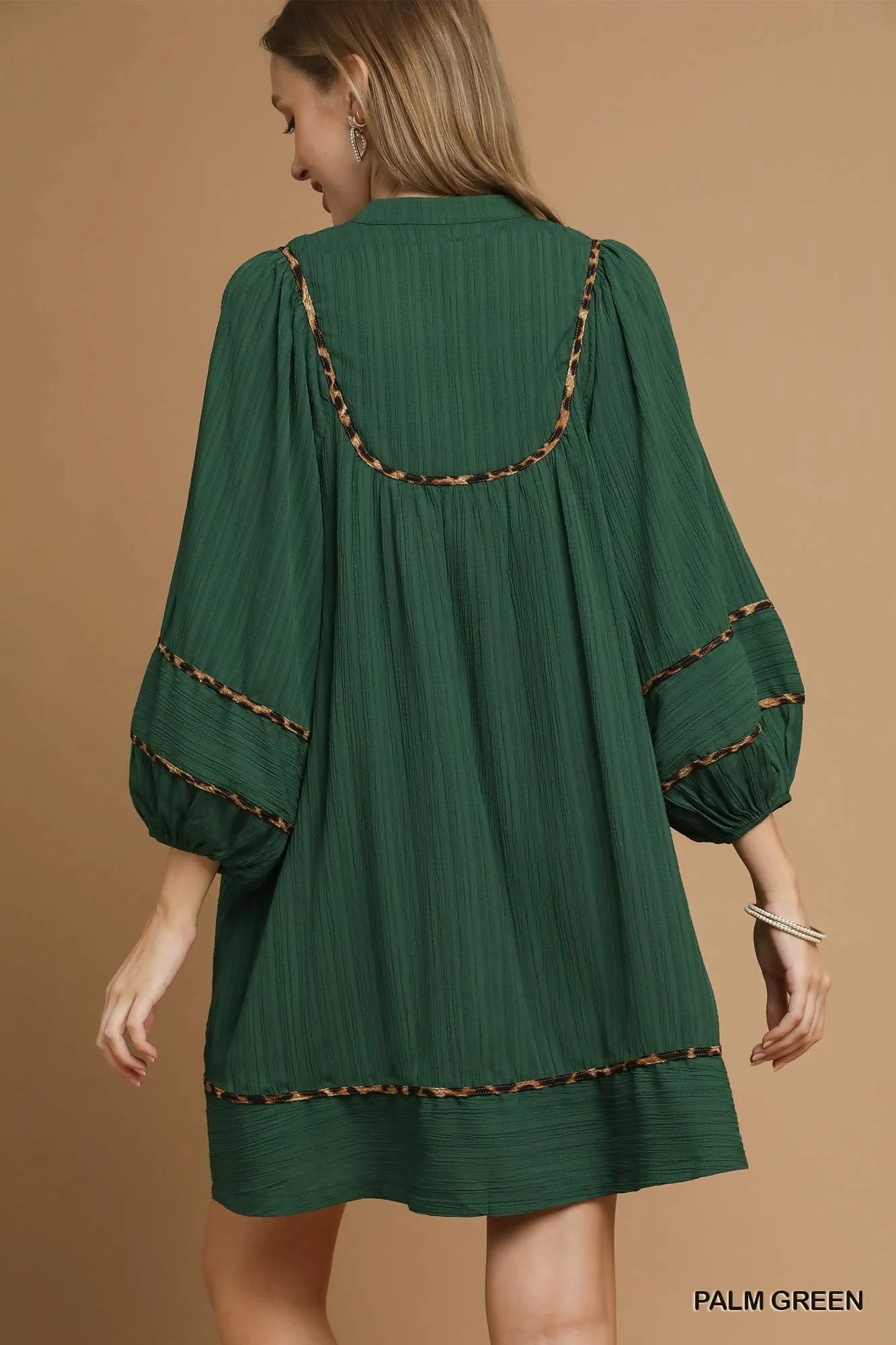 Umgee Babydoll Dress Green Textured Contrast with Leopard Trim Long Sleeve 2f8cfe1f-f643-4fc1-bd0d-ad716d8acf4f-Max-Origin Trendsi