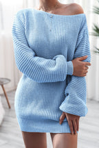 Mini Sweater Dress Boat Neck Long Sleeve Soft Acrylic Knit Basic Solid Style Light Blue 2f90c72c-c95f-4acd-b7ac-3ab0a35b9d38-Max Trendsi