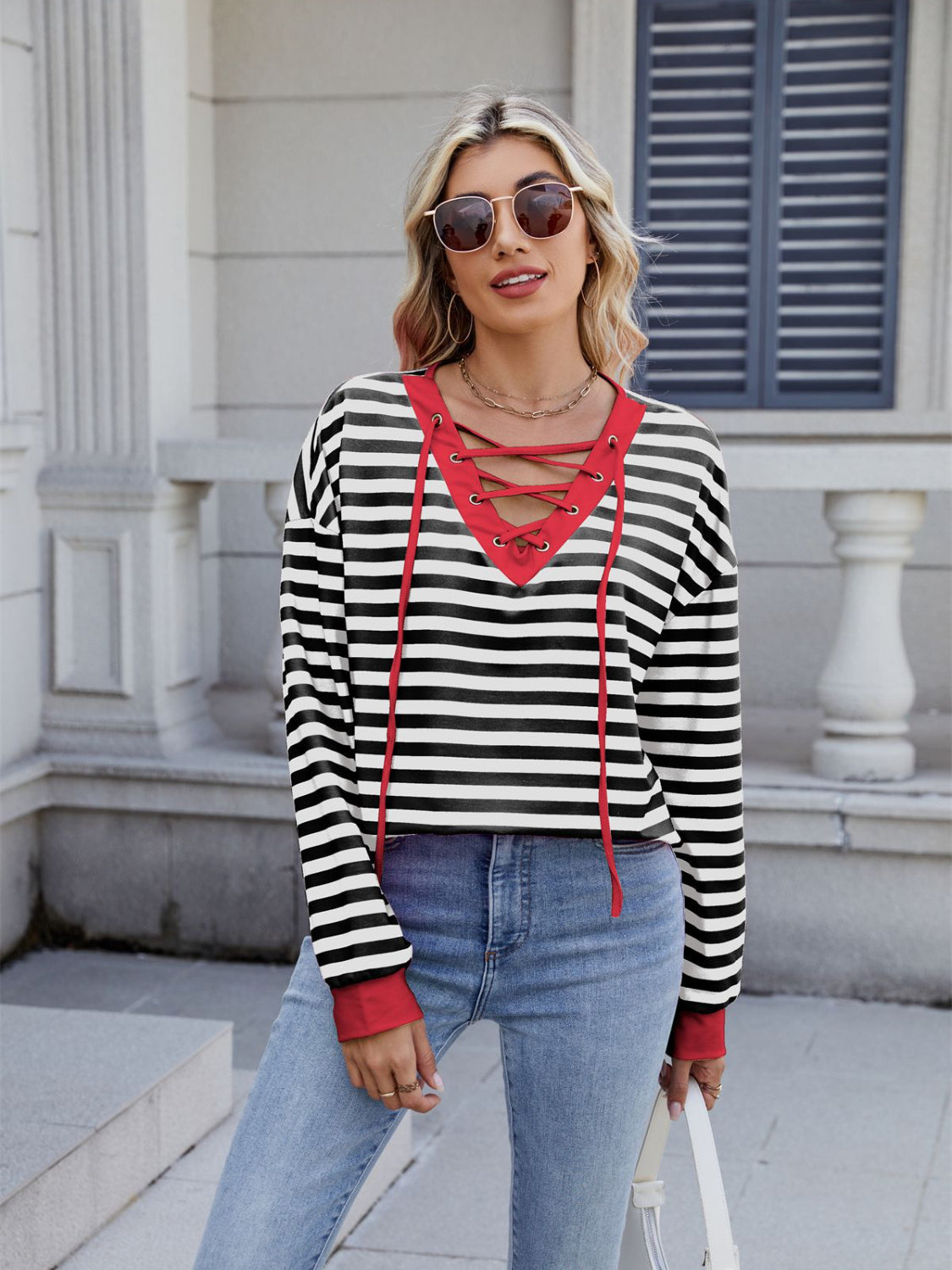 Striped T-Shirt Lace-Up Crisscross V Neck Long Sleeve Blouse Top 2f96a12a-3d5d-4883-955b-5d6cc64fcf64-Max Trendsi