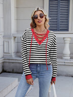 Striped T-Shirt Lace-Up Crisscross V Neck Long Sleeve Blouse Top 2f96a12a-3d5d-4883-955b-5d6cc64fcf64-Max Trendsi