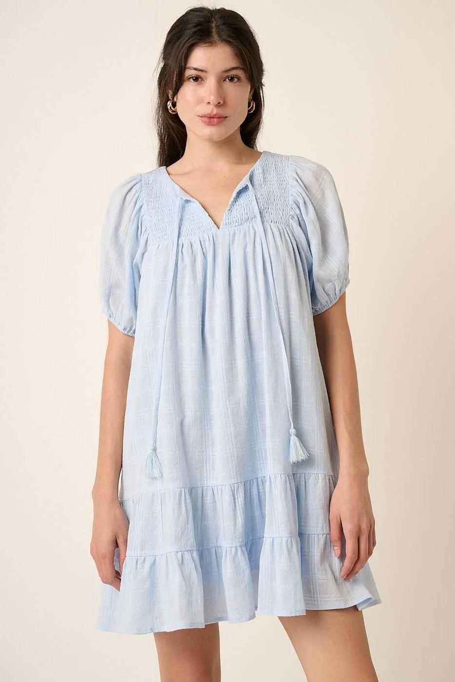 Mittoshop Mini Dress Cotton Tassel Tie Plaid Blue Gauze Short Sleeve BLUE 2f9d2c9f779e4f9b96533751e3dbb9c1-Max-Origin Trendsi