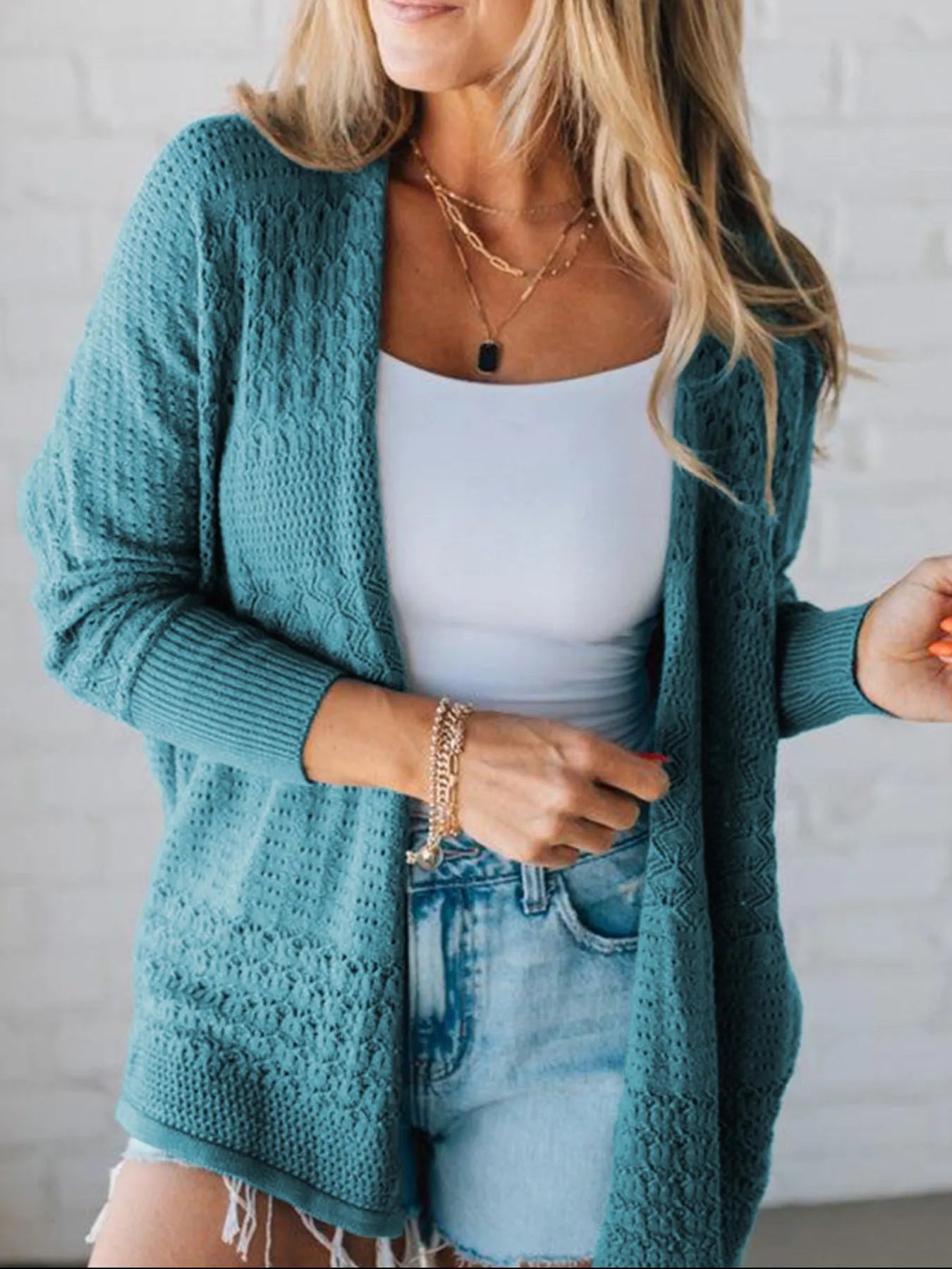 Women's Cardigan Open Front Knitted with Eyelet Details Long Sleeve 2f9ef0b1-ca22-4b1e-b026-4f0381a67165-Max-Origin Trendsi
