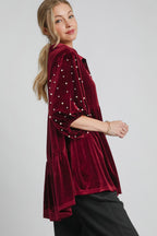 Umgee USA Pearl Babydoll Blouse Burgundy Women Half Sleeve Velvet Ruffle 2fac5eba-5f73-431b-b502-777399594d12-Max Trendsi