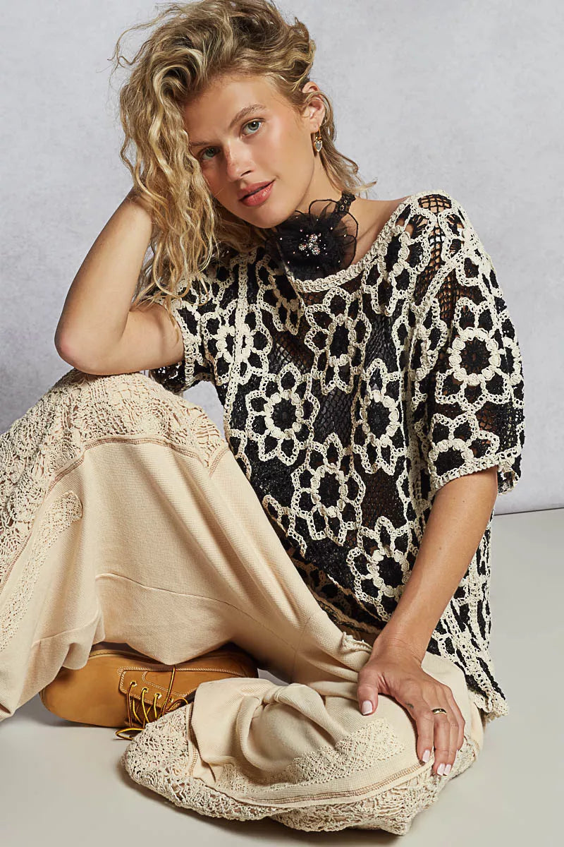POL Womens Knit Top Crochet Black Beige Openwork Short Sleeve 2fae54e1-70c4-4f5f-8a30-fbb8d2f87863-Max-Origin Trendsi