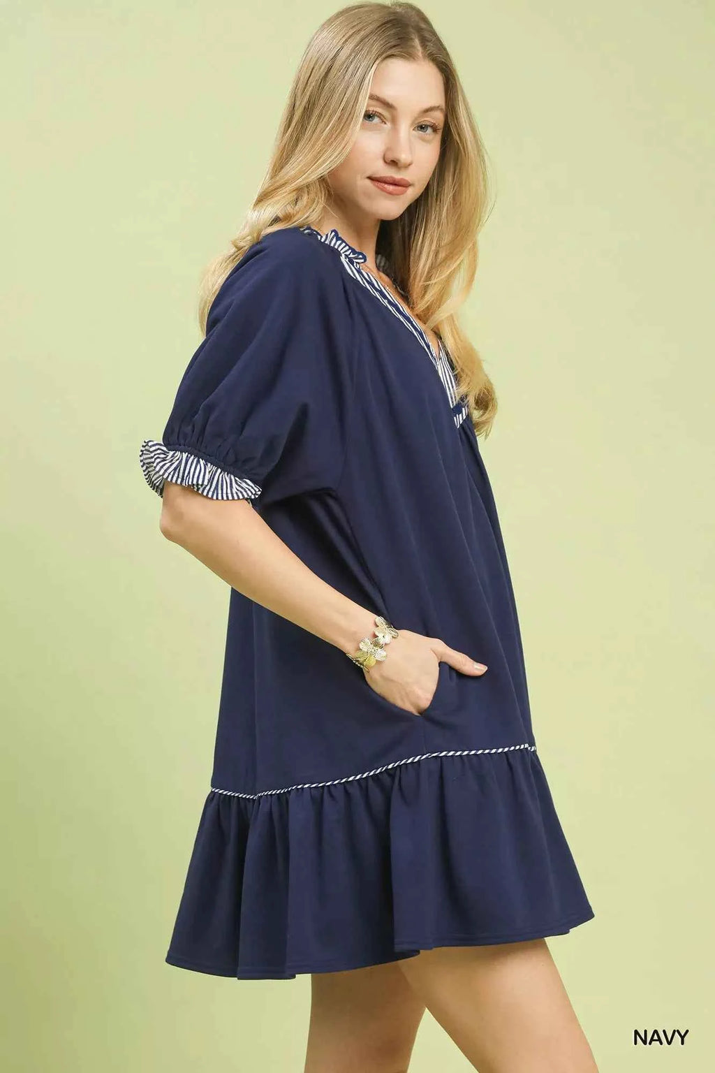 Umgee Mini Dress Navy French Terry with Ruffled Striped Trim Short Sleeve 2fae5ec2-a88a-4890-bb85-03737a4da095-Max-Origin Trendsi