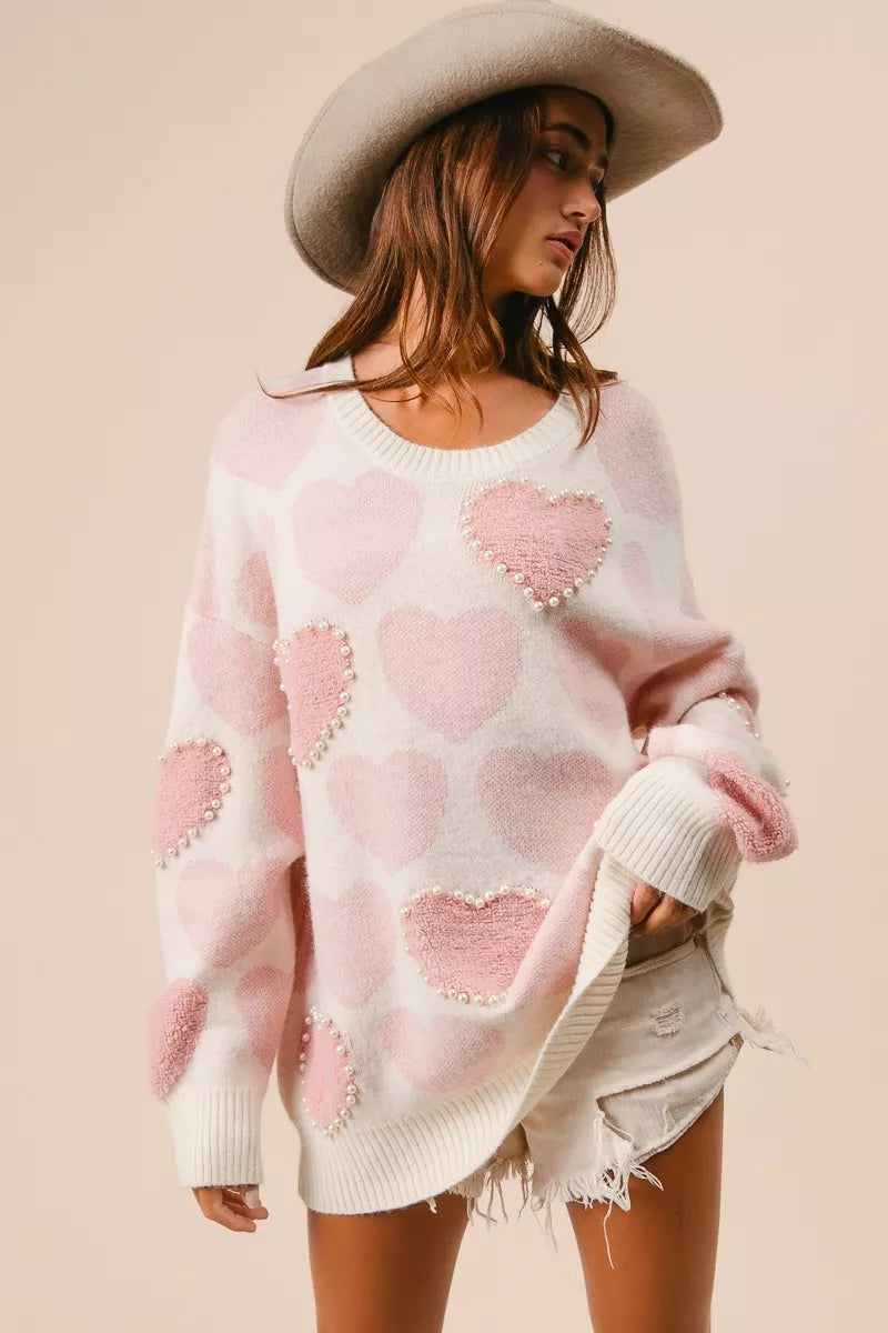 BiBi Womens Sweater Light Pink Heart Pattern with Pearl Detail 2fb58b3a4407486595de6016b5b3b68a-Max-Origin Trendsi