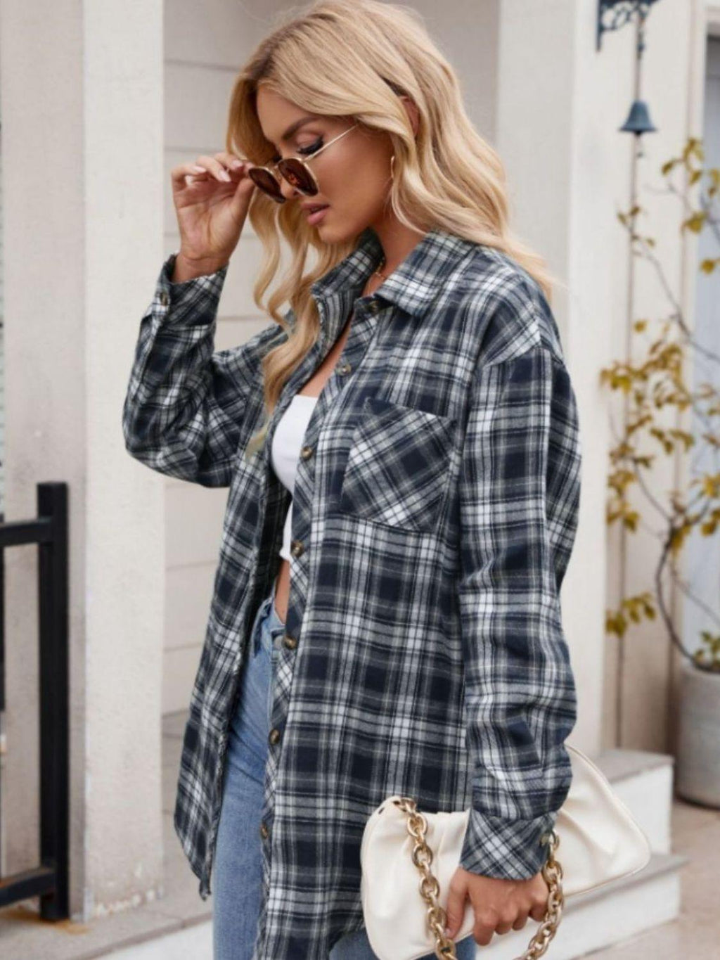 Pocketed Plaid Shirt Collared Neck Long Sleeve Button up Dark Navy 2fb595f8-b7c1-4e19-bb66-59c1bfb35c1e-Max Trendsi