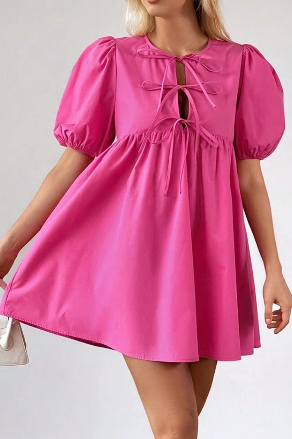 Mini Dress Hot Pink Puff Short Sleeve Bow Tie Front High Waisted 2fc59a3f-5f83-4e93-8b43-23e24626bdfb-Max Trendsi