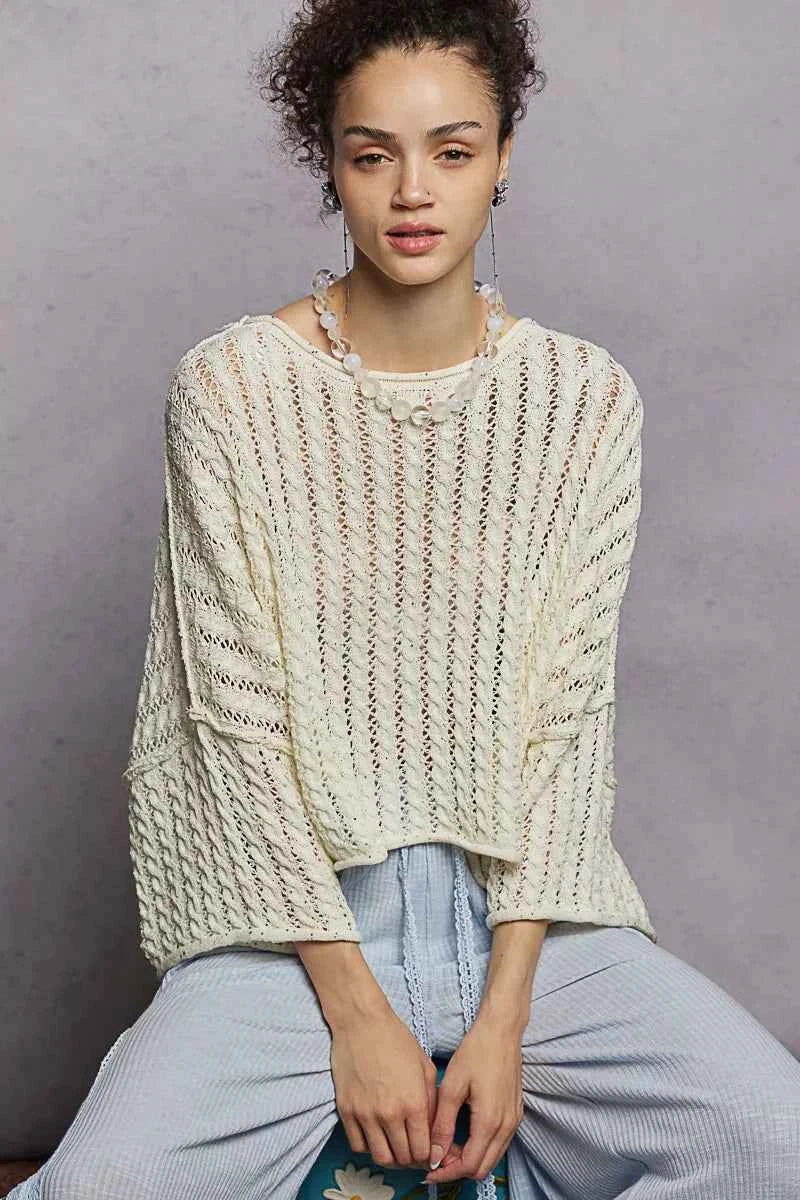 POL Cable-Knit Openwork Round Neck Cropped Sweater 2fc626b8-c9c3-472c-969d-3cf257c7538d-Max-Origin Trendsi