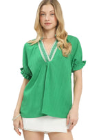 Umgee Blouse Green Textured V-Neck Top with Lace Trim Details GREEN 2fc8fd39-ff87-48dc-b5c1-4108d333e4f7-Max-Origin Trendsi