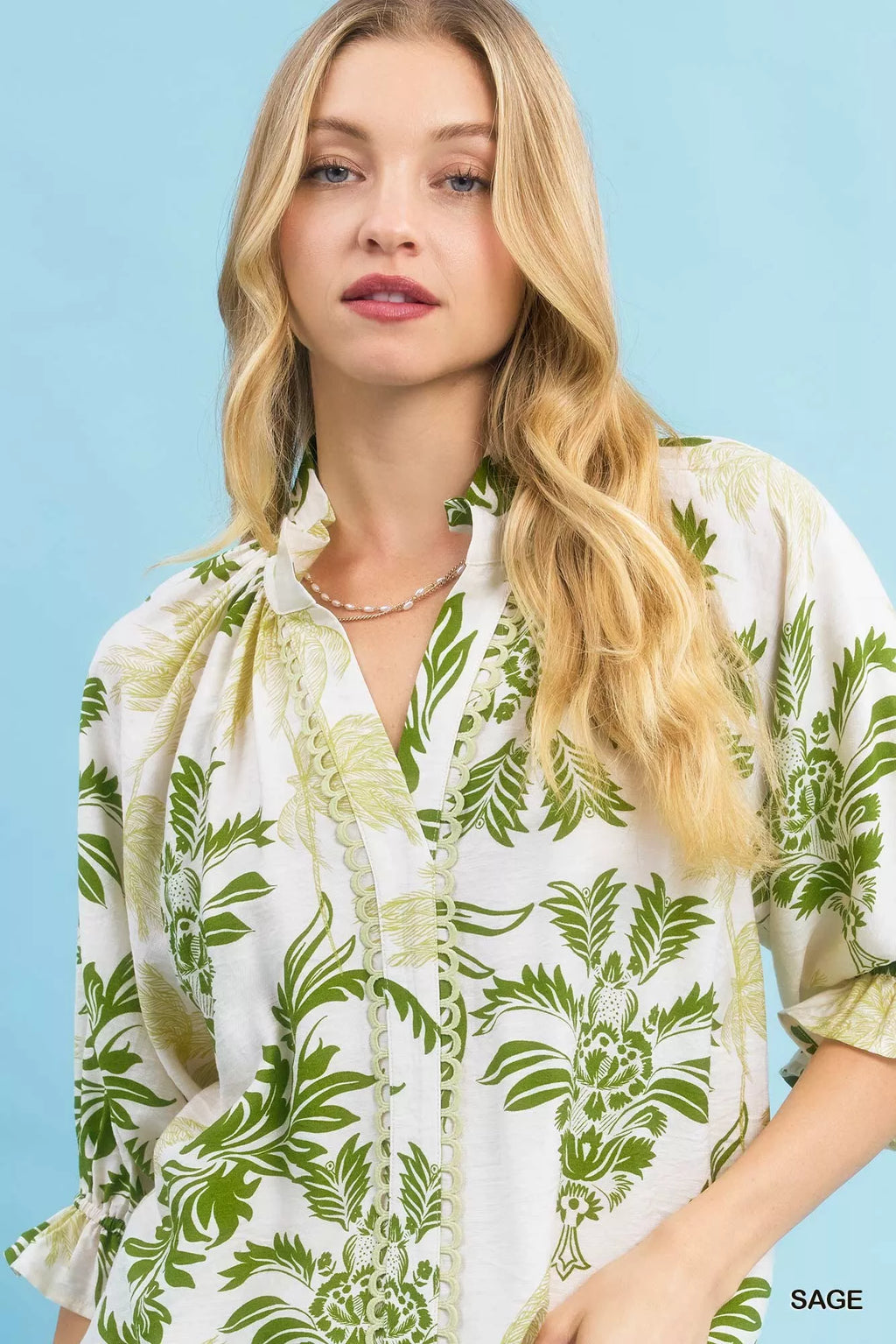 Umgee Blouse Green Leafy Damask Print Blouse with Contrast Scalloped Trim 2fca7166-f85c-45ad-b256-0c38bdd4db55-Max-Origin Trendsi