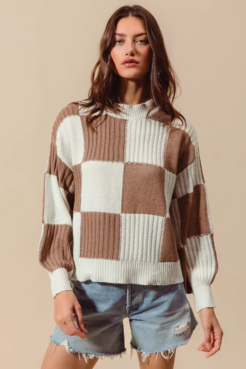SO ME Ribbed Color Block Checkered Plaid Sweater COFFEE IVORY 2fcc844cd8d64b1188bf101cc92caebe-Max-Origin Trendsi