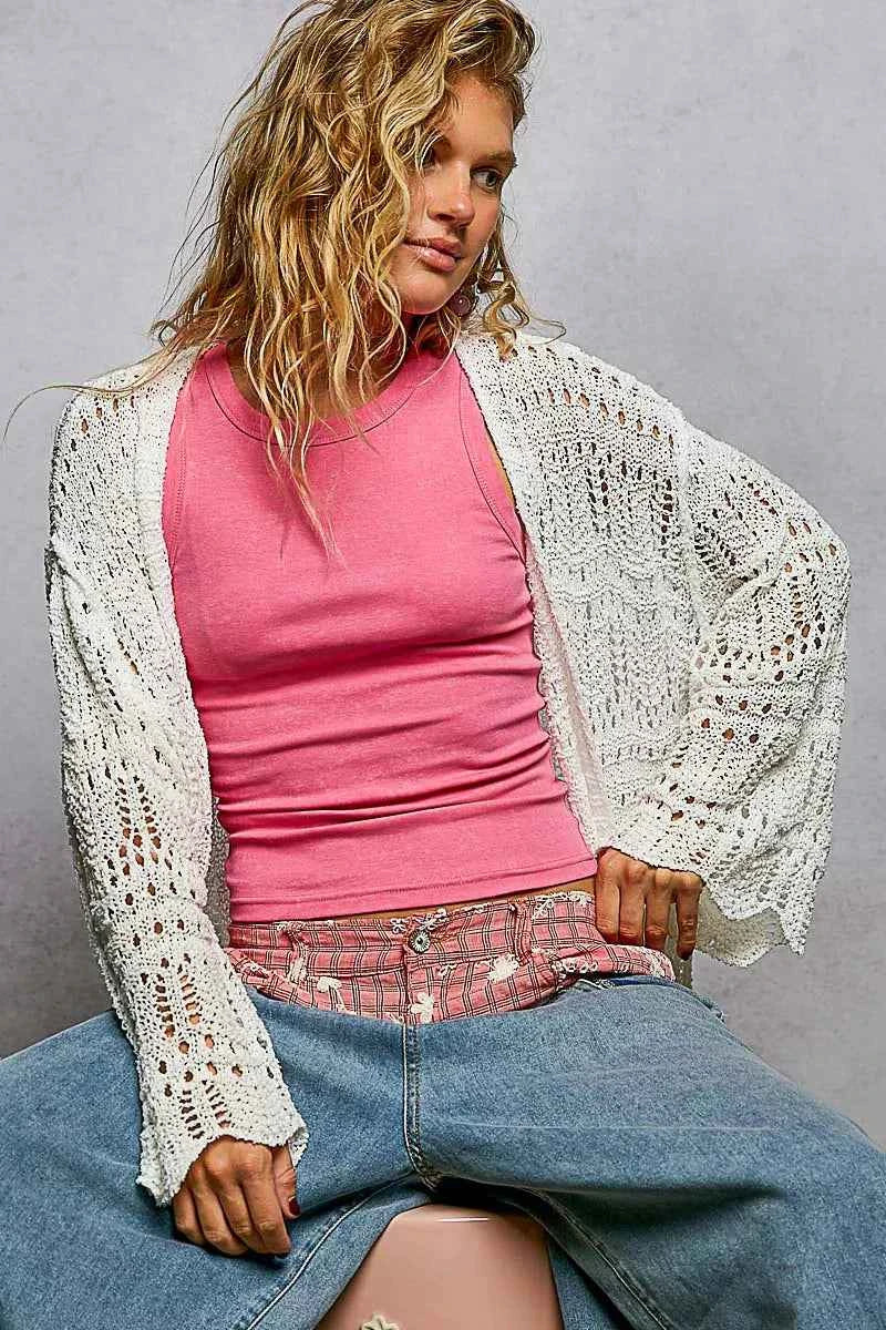 POL Openwork Lightweight Open Front Cardigan with Scalloped Edge