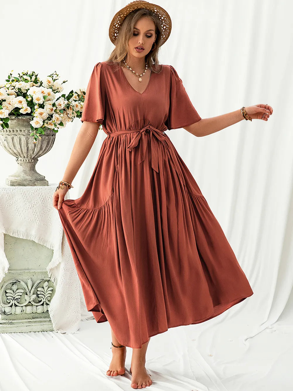 Plus Size V-Neck Midi Dress with Flutter Sleeves