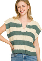 Zenana Split Neck Striped Sleeveless Sweater Vest