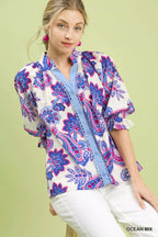 Umgee Womens Blouse Ocena Blue Mix Paisley Print Button Front with Scallop Trim 2fddafe6-cf19-4699-92a4-b38d4284660b-Max-Origin Trendsi