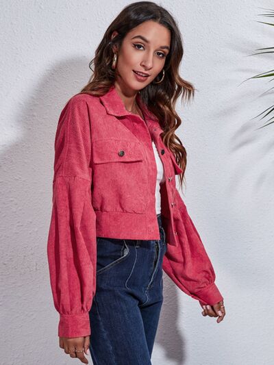 Cropped Jacket Women's Button Down Collared Long Sleeve with Flap Pockets 2fe4169f-8b6e-4dbf-b330-b57b48c4589f-Min Trendsi
