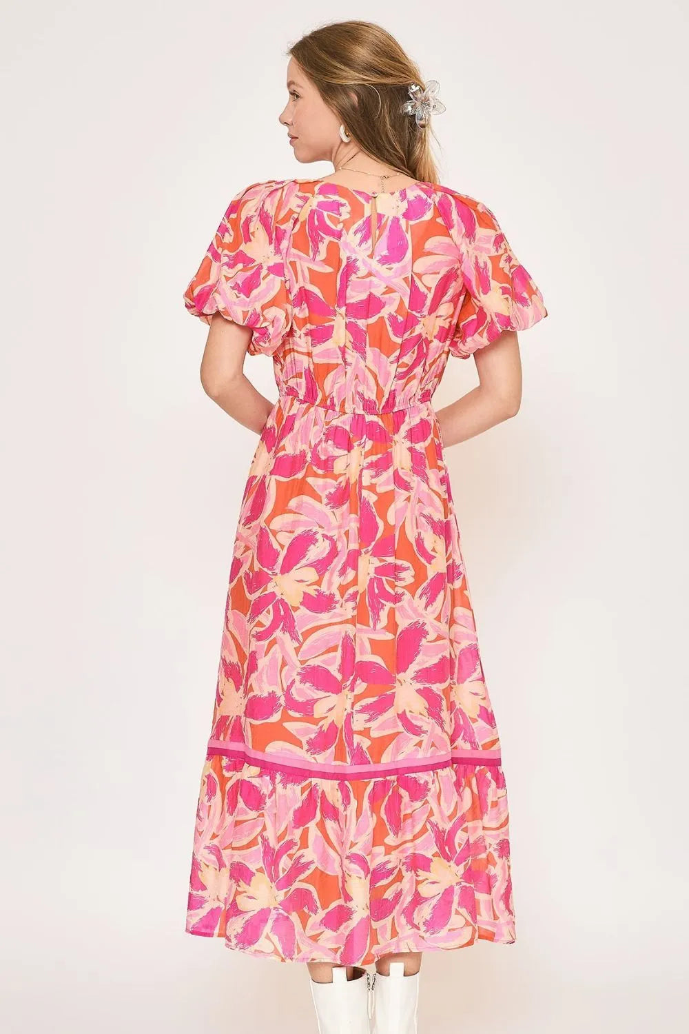Umgee Midi Dress Fuchsia Pink Floral Notched Puff Short Sleeve 2fe52651-d411-4e85-ad45-2de59e4cafad-Max-Origin Trendsi