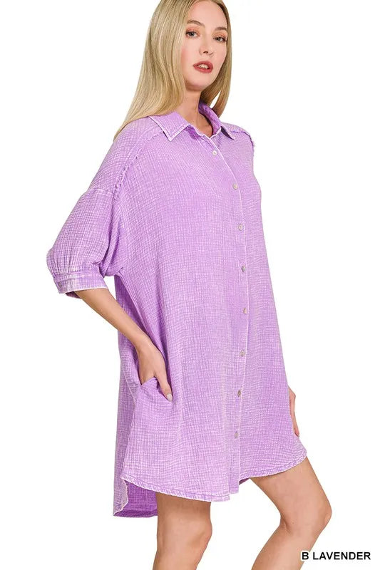 Zenana Shirt Dress Lavender Washed Double Gauze Oversized Pocketed 2fe6435087d442fa8e26958d67640660-Max-Origin Trendsi