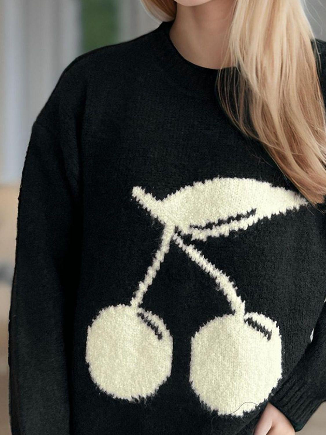 Cherry Sweater Round Neck Long Sleeve Casual Basic Knitwear 2ff2dd02-e801-4041-9059-71ba561c6793-Max Trendsi